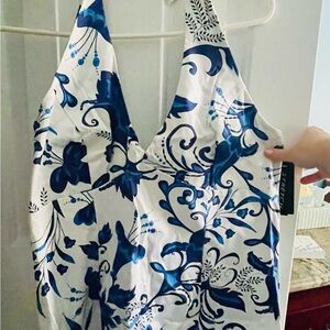 Blue Paisley Floral and White Halter Dress w/stretch